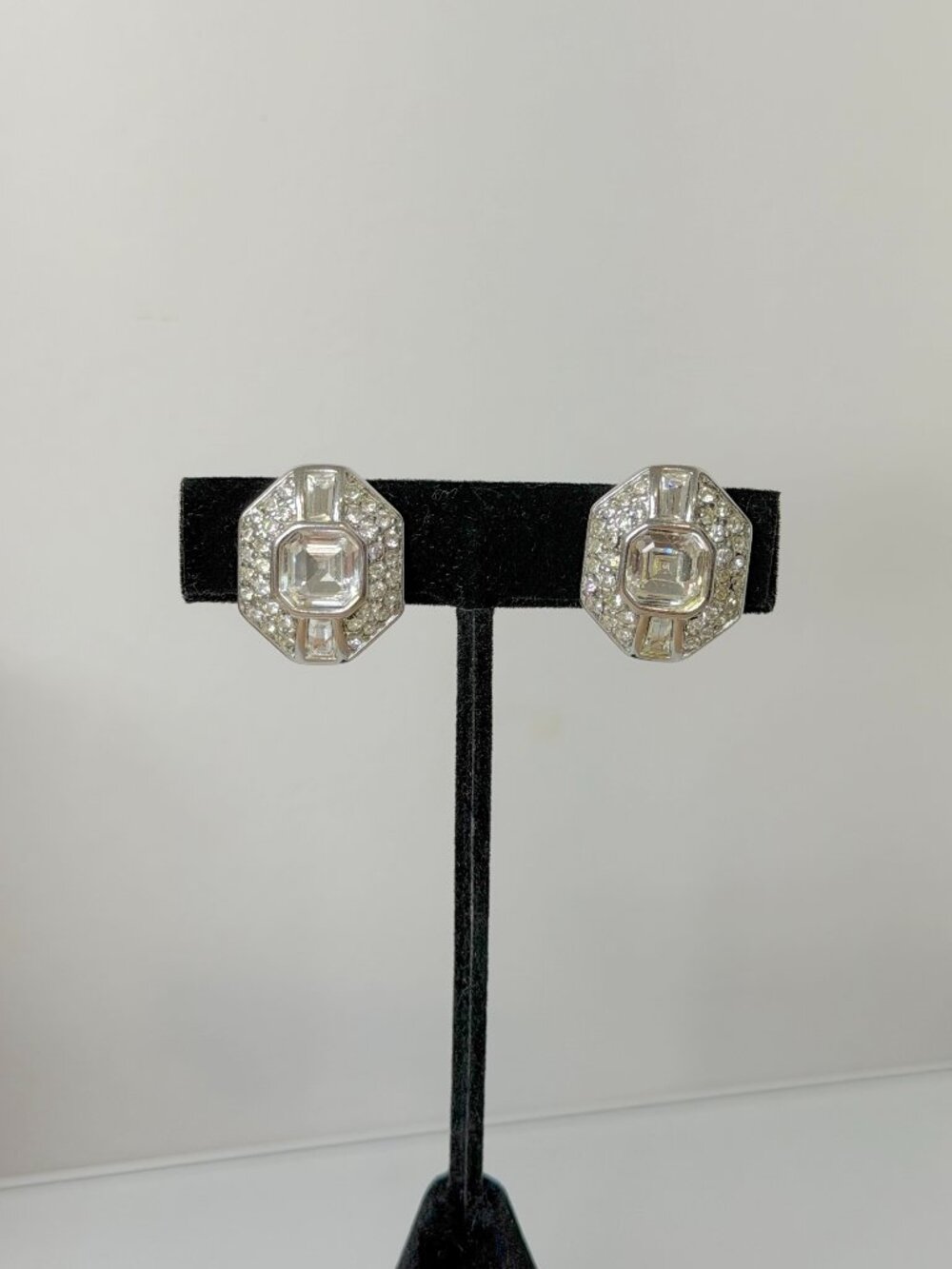 MONET - Vintage Silver Clip-On Earrings w/ Stone and Crystal Statement Jewelry
